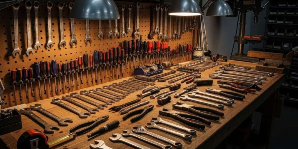 Organized workbench with a variety of hand tools and equipment for mechanical repair, maintenance, and DIY projects.