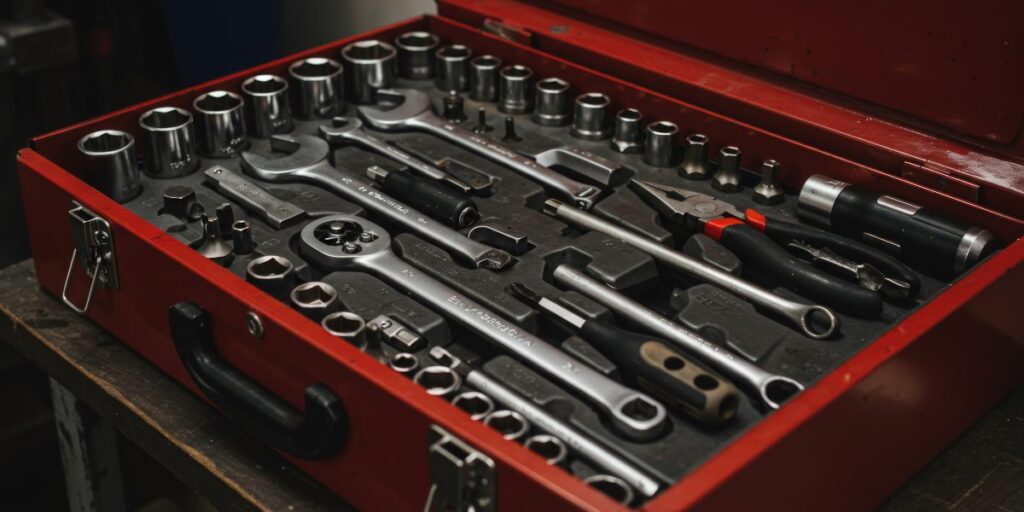 Open red toolbox filled with wrenches, sockets, and essential hand tools for automotive repair and maintenance.