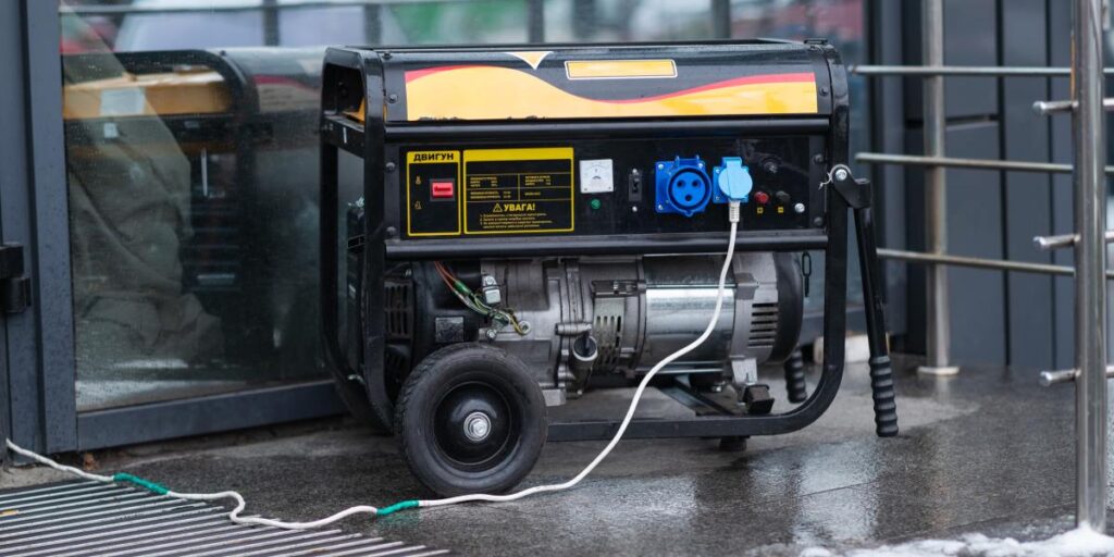 Portable black gasoline generator with connected power cable providing backup electricity for home or outdoor use.