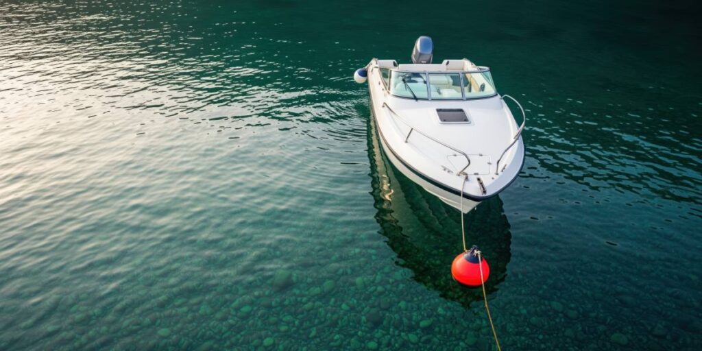 Sleek white motorboat moored to a red buoy on clear, calm water at a marina or coastal harbor.