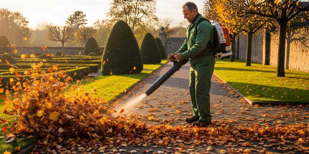 Gardener using a leaf blower to clear fallen autumn leaves from a garden or yard.