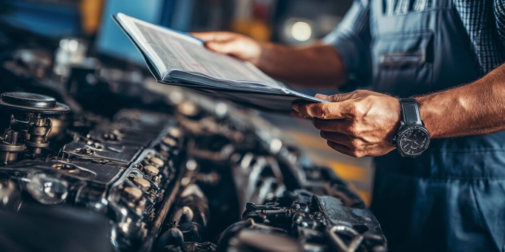 mechanic stands by a car engine, holding a maintenance manual