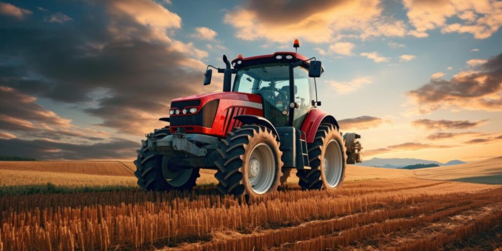 Red tractor working in a farm field, illustrating modern agricultural equipment and crop cultivation.
