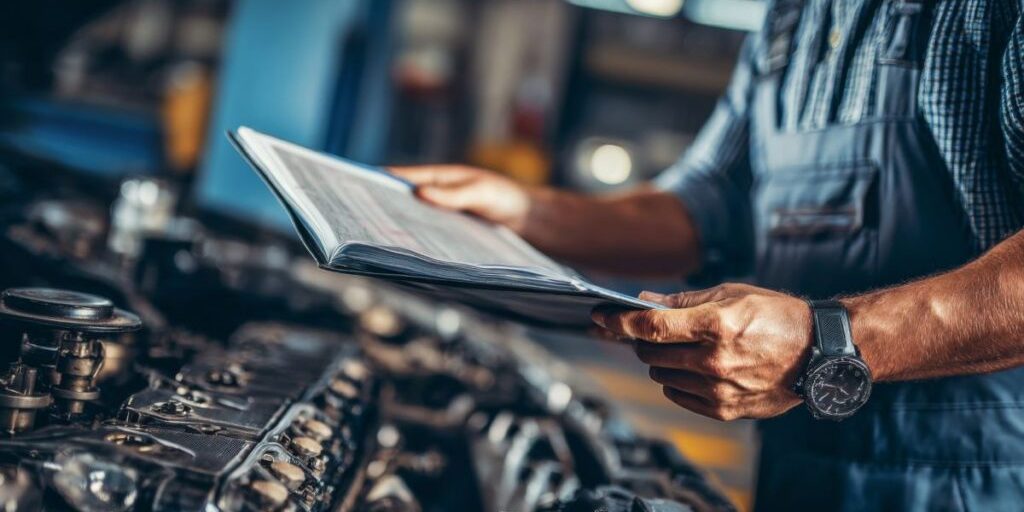 mechanic stands by a car engine, holding a maintenance manual
