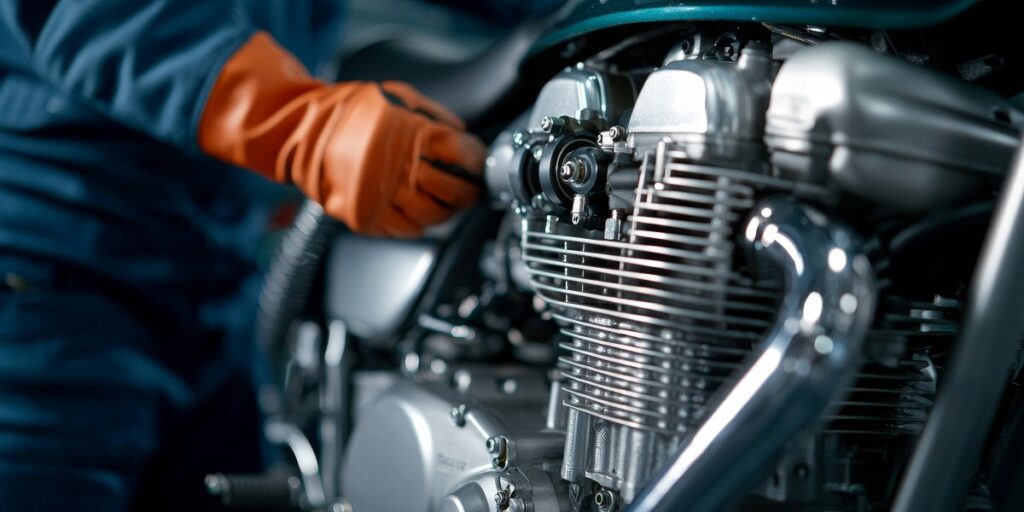 Technician fixing a motorcycle engine.