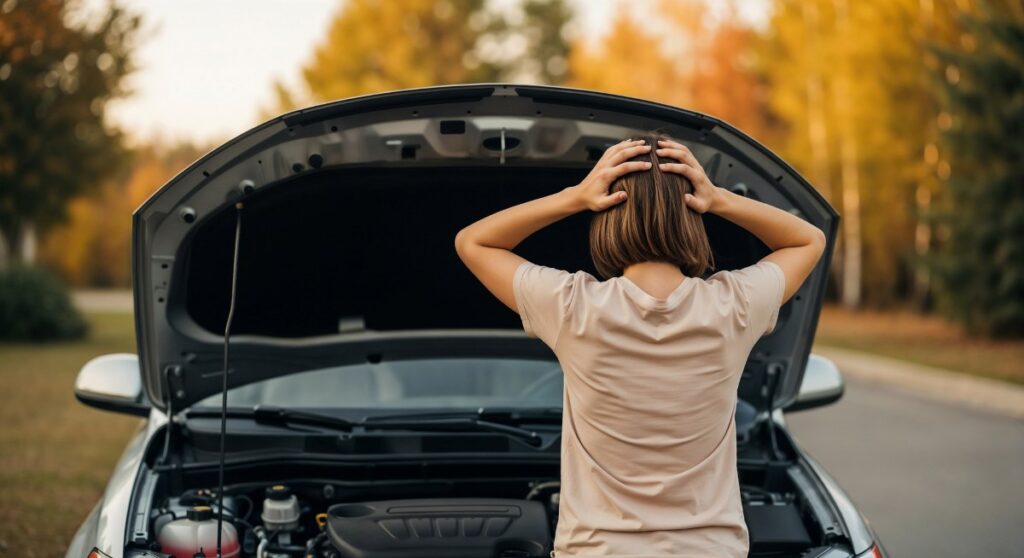 woman with hands on her head in front of her car with engine bay open