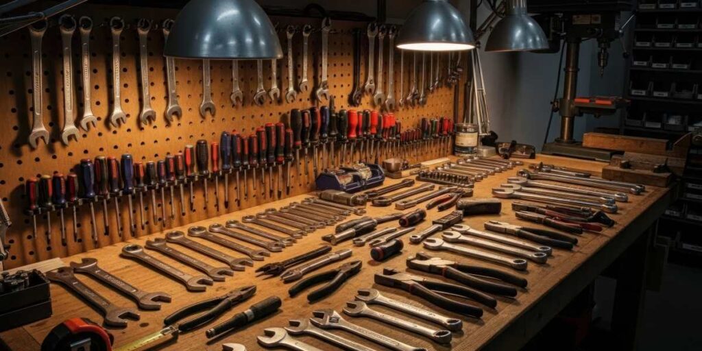 Organized workbench with a variety of hand tools and equipment for mechanical repair, maintenance, and DIY projects.