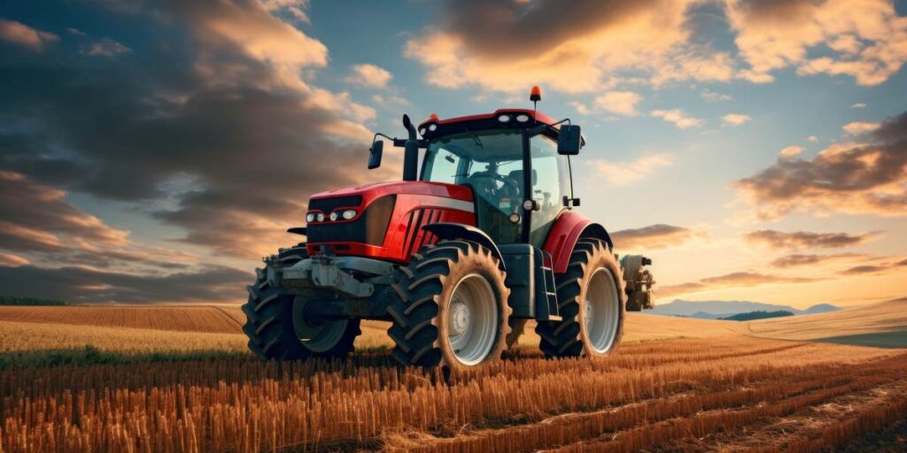 Red tractor working in a farm field, illustrating modern agricultural equipment and crop cultivation.