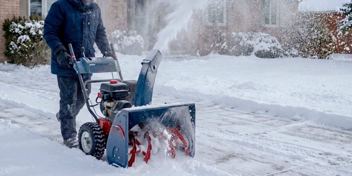Person clearing snow with a snow blower during winter.