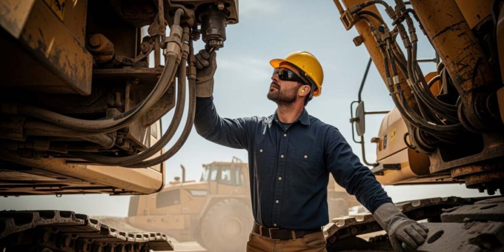 Construction worker in a hard hat inspecting heavy machinery for maintenance and repair