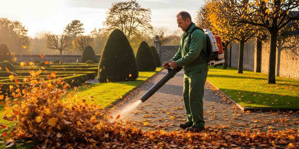 Gardener using a leaf blower to clear fallen autumn leaves from a garden or yard.