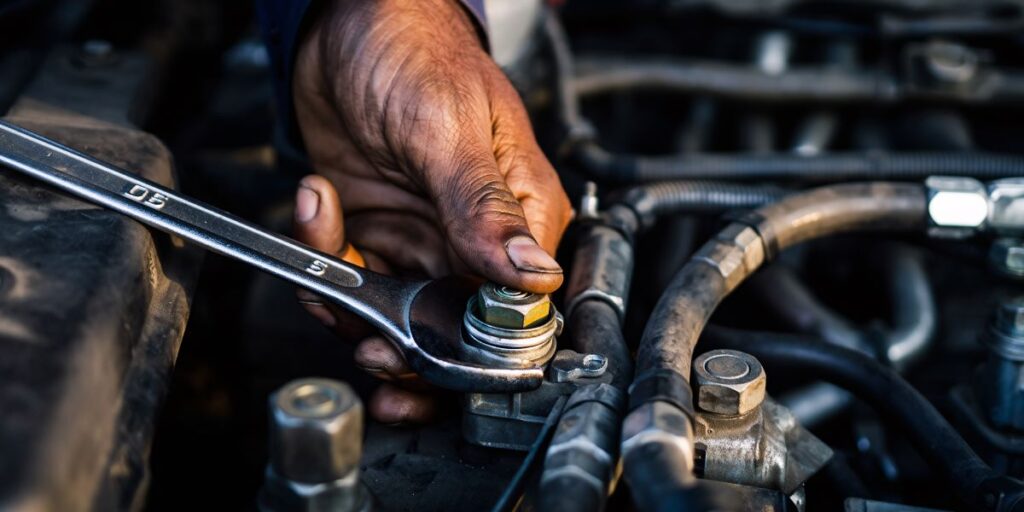 Mechanic tightening a bolt on a car engine with a wrench during maintenance and repair.