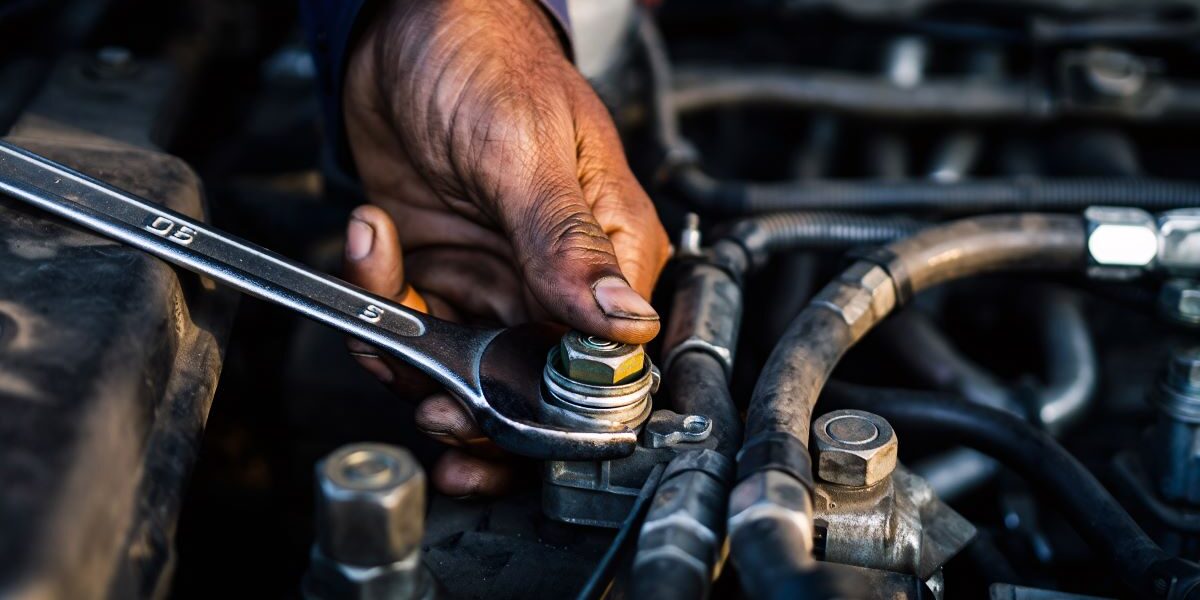 Mechanic tightening a bolt on a car engine with a wrench during maintenance and repair.