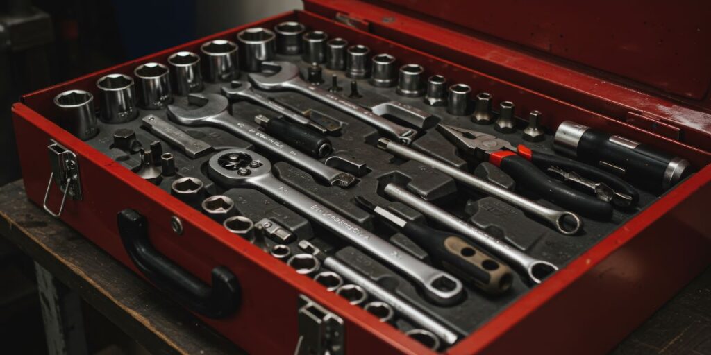 Open red toolbox filled with wrenches, sockets, and essential hand tools for automotive repair and maintenance.