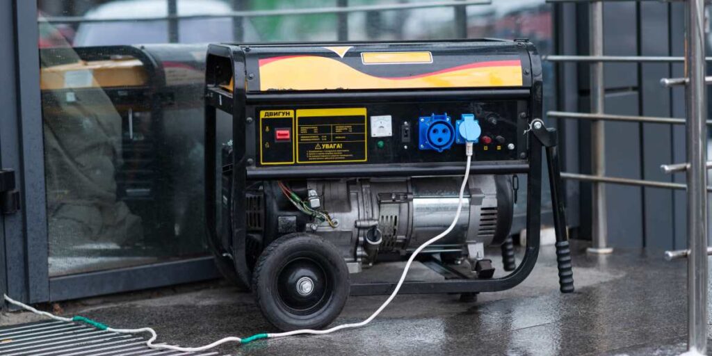 Portable black gasoline generator with connected power cable providing backup electricity for home or outdoor use.