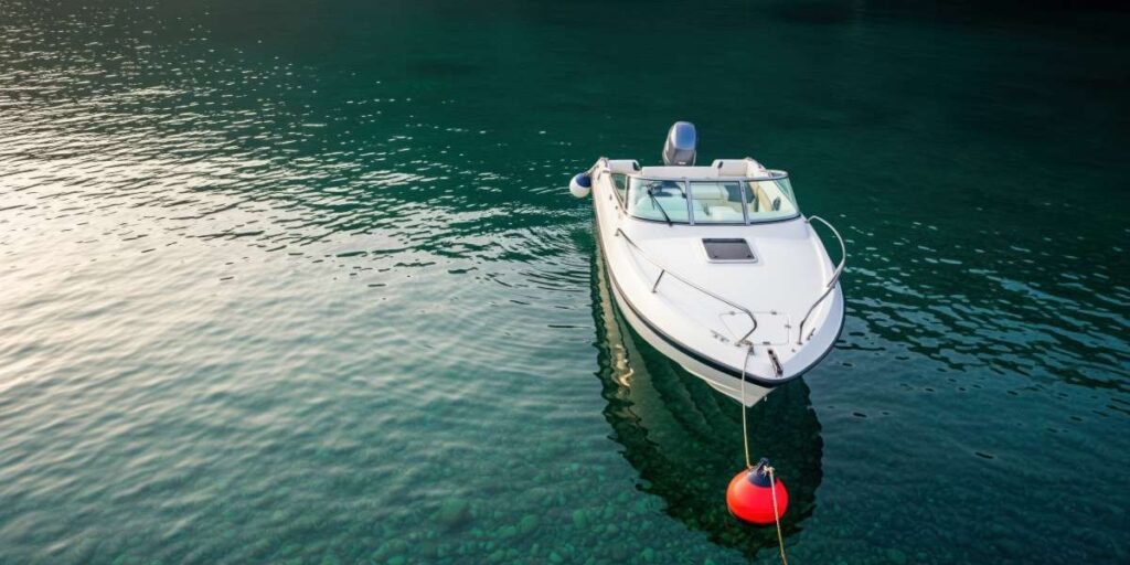 Sleek white motorboat moored to a red buoy on clear, calm water at a marina or coastal harbor.