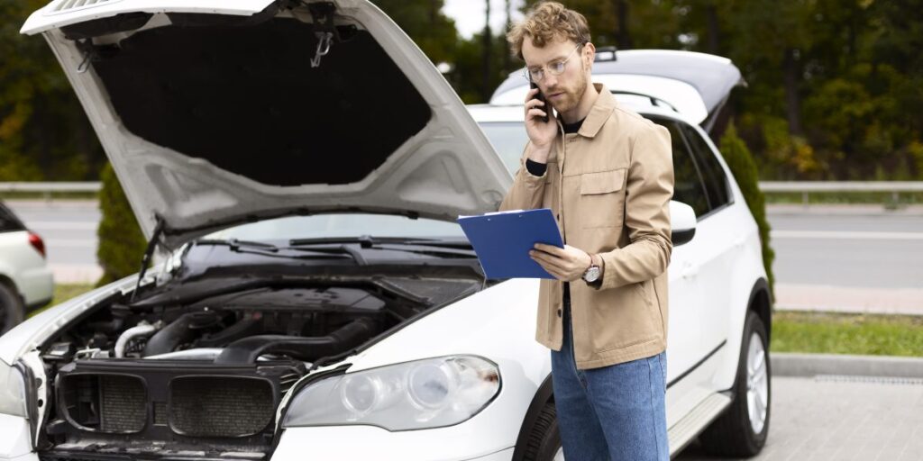 Person calling a mechanic about a car problem with the vehicle hood open in the background