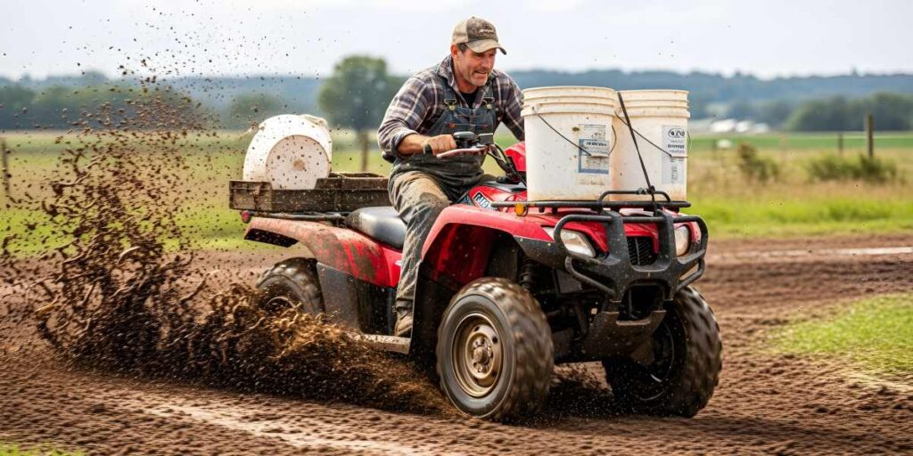 Farmer driving an ATV through mud with buckets attached to the front and back