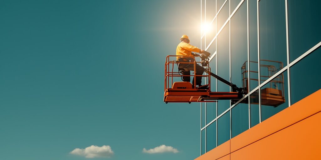 Worker on a boom lift cleaning glass windows of a modern building