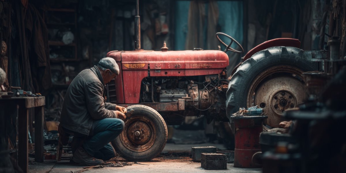 Man working on a tractor in a garage or workshop