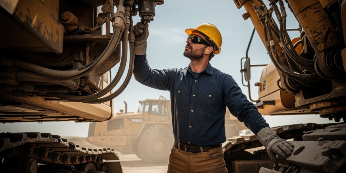 Construction worker in a hard hat inspecting heavy machinery for maintenance and repair