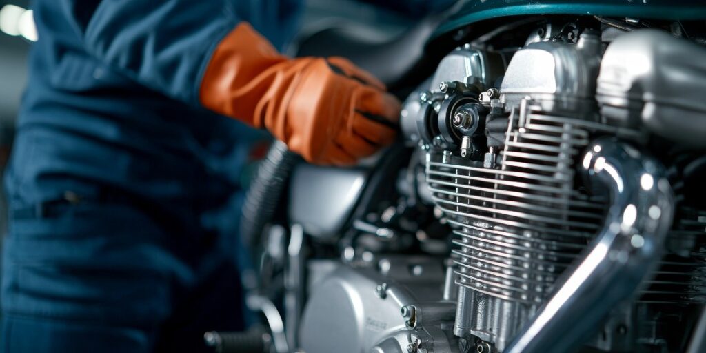 Technician fixing a motorcycle engine.