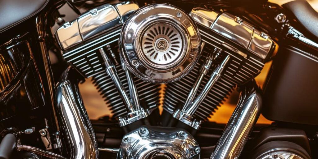 Close-up of a motorcycle engine showcasing intricate metalwork and detailing,