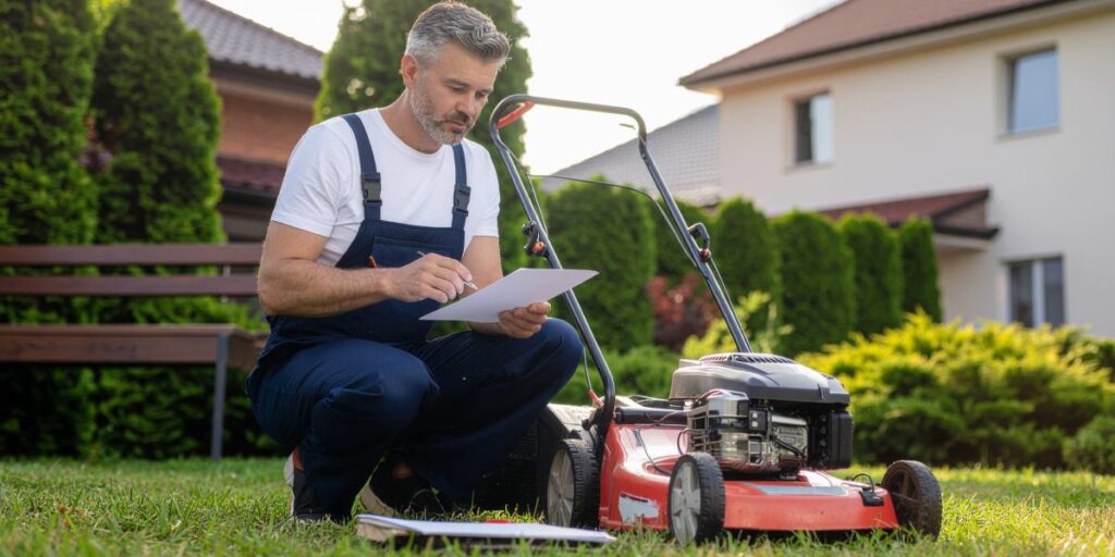 A person holding a Lawn Mower Maintenance Checklist.