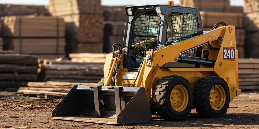 Close-up of a Skid Steer loader in Lumber Yard.