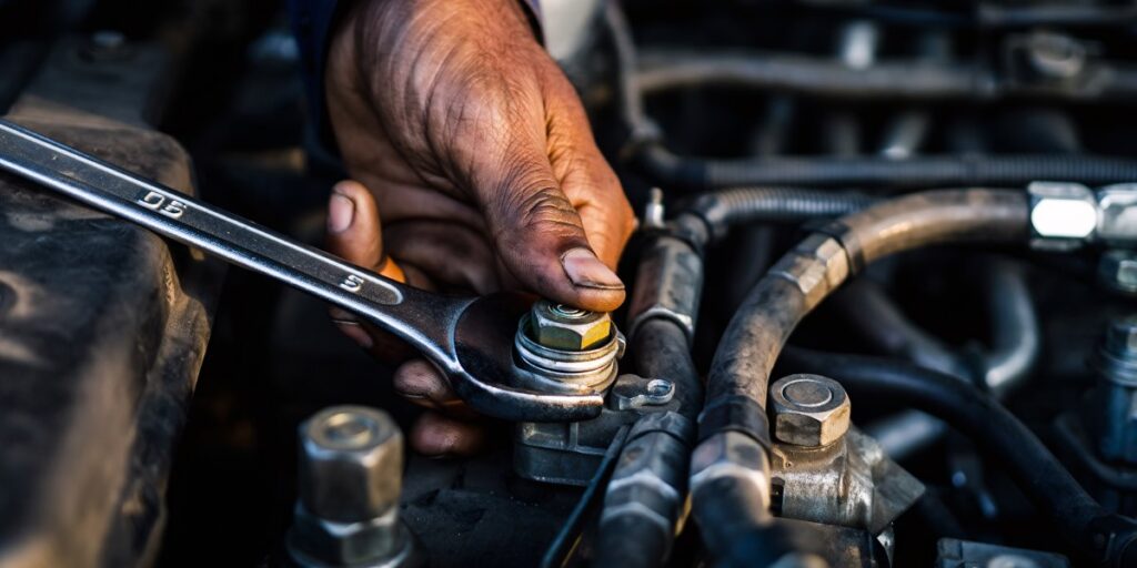 Mechanic tightening a bolt on a car engine with a wrench during maintenance and repair.
