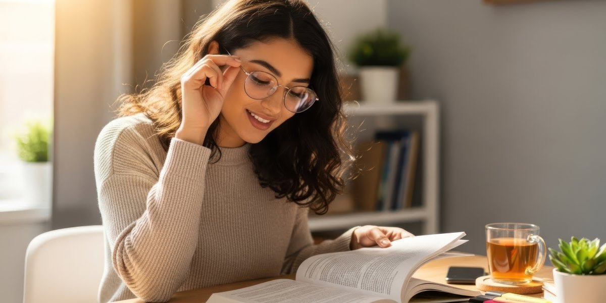 Woman reading a book at a table.